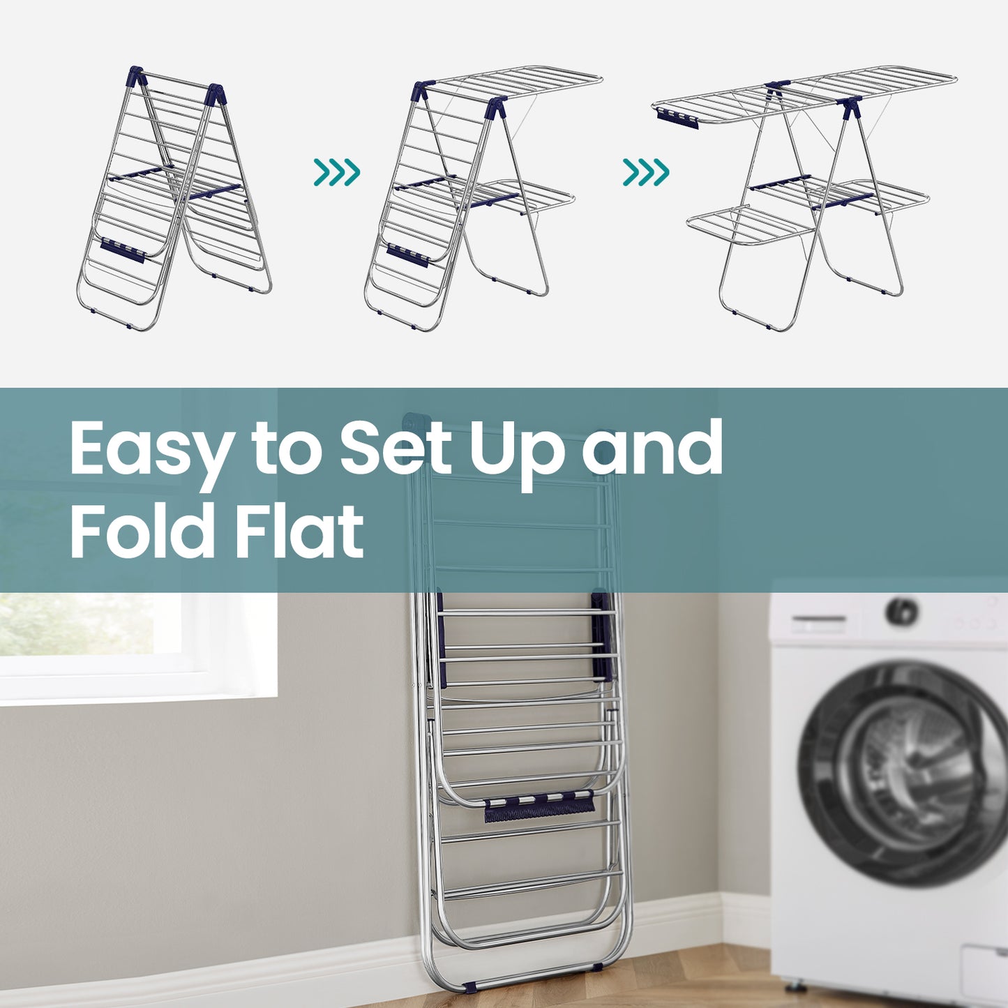 Foldable 2-Tier Clothes Drying Rack, Free-Standing Laundry Airer with 4 Adjustable Wings, 33 Rails & 27 Sock Clips, Space-Saving Design for Blankets,Towels,Clothes, Silver & Blue