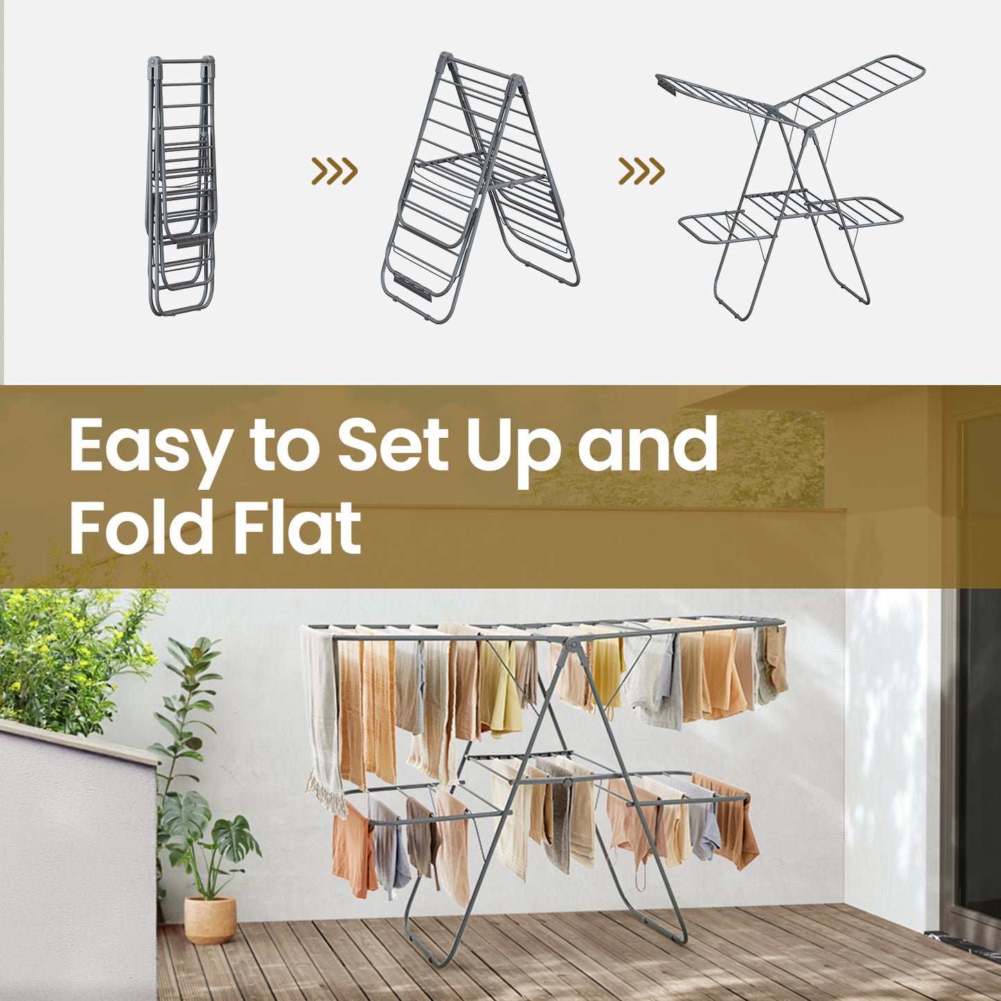 Foldable 2-Tier Clothes Drying Rack, Free-Standing Laundry Airer with 4 Adjustable Wings, 33 Rails & 27 Sock Clips, Space-Saving for Blankets,Towels, No Assembly, Gray