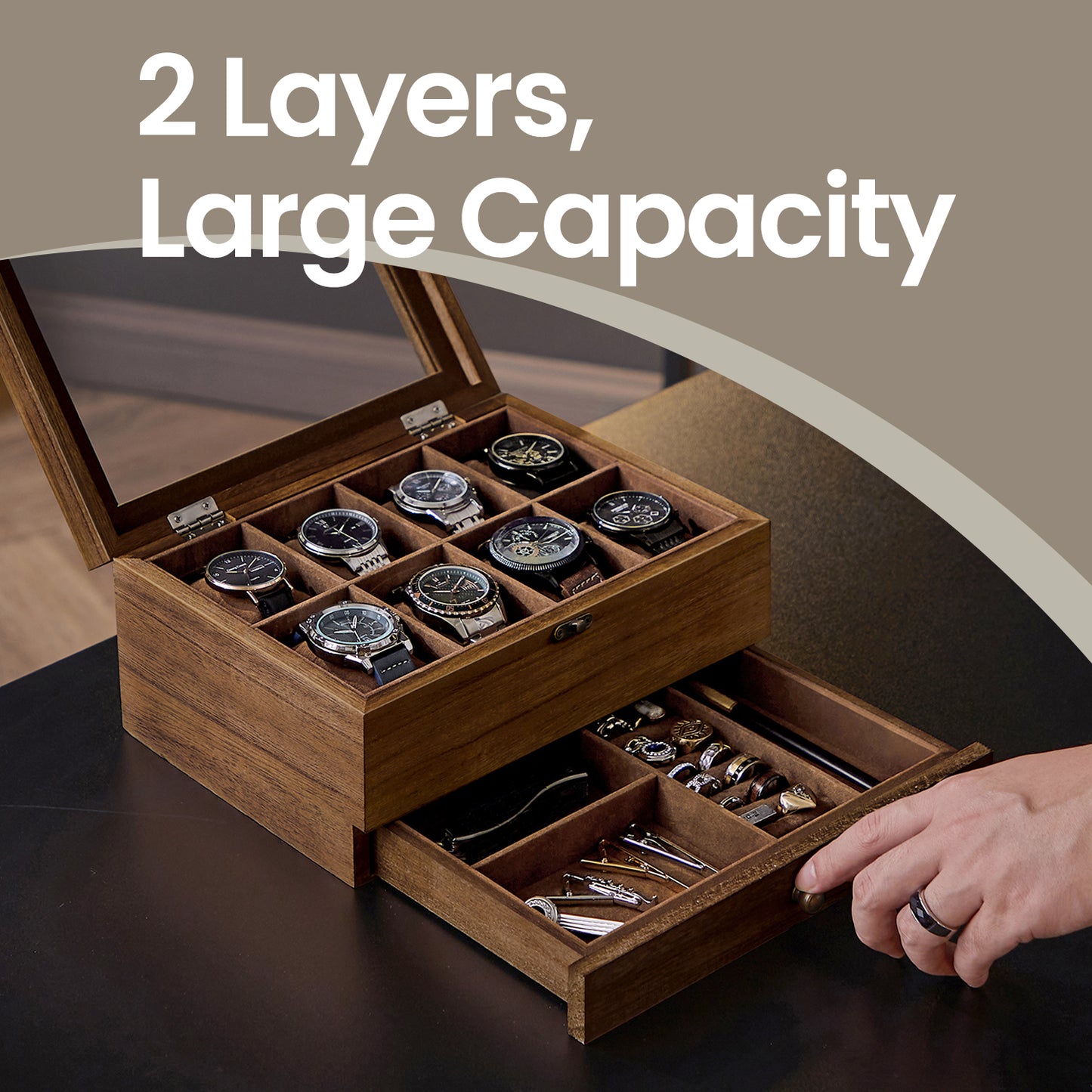 2-Tier Wood Watch Box with Large Glass Lid, 8-Slot & Drawer Storage, Removable Pillows, Velvet Lined, Rustic Walnut