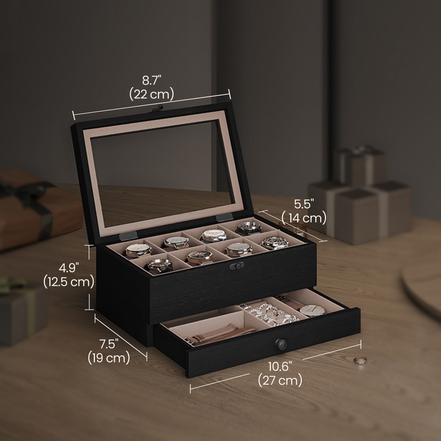 2-Tier Wooden Watch Box with 8-Slot Display, Large Glass Lid & Removable Pillows, Velvet-Lined Jewelry Organizer, Ebony Black