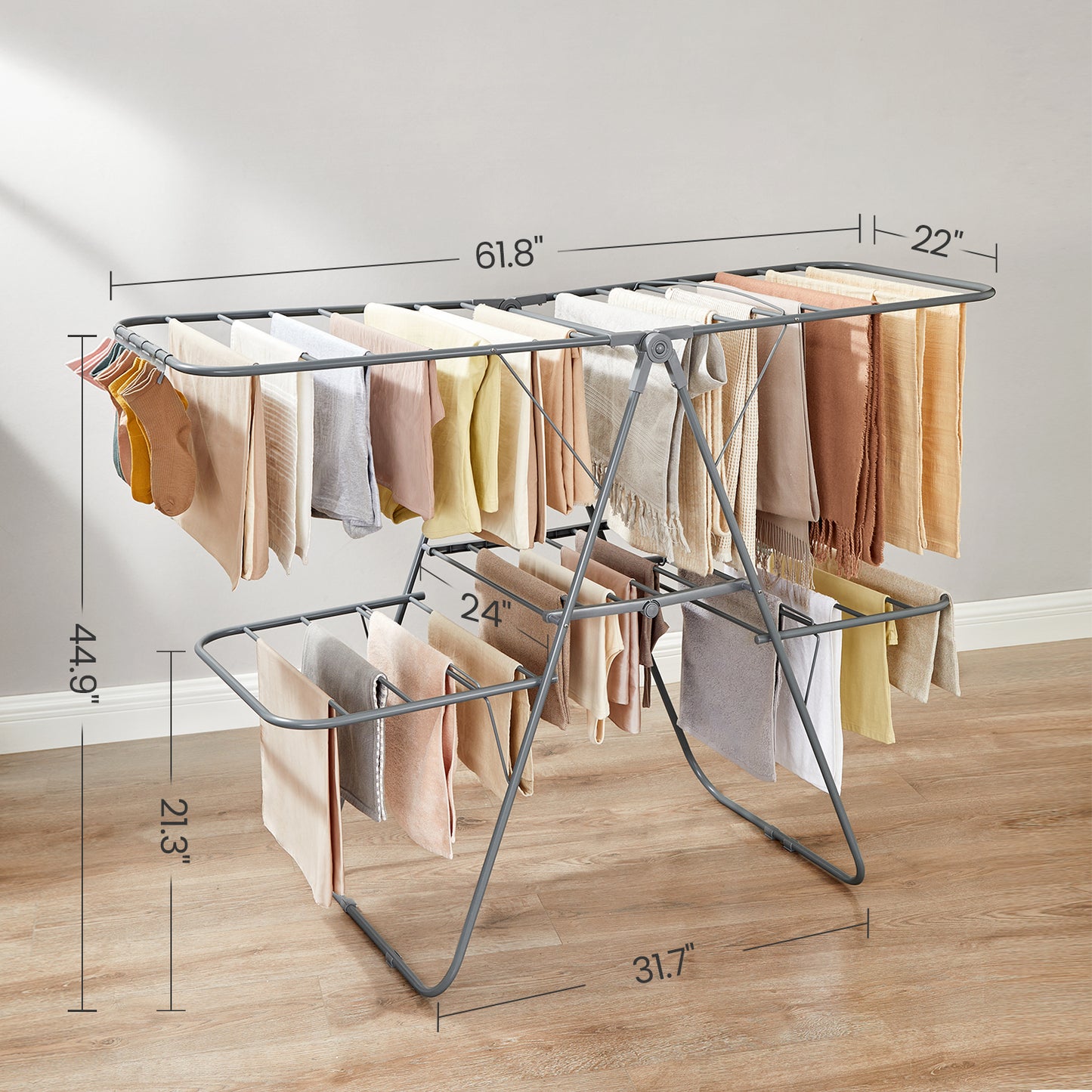 Foldable 2-Tier Clothes Drying Rack, Free-Standing Laundry Airer with 4 Adjustable Wings, 33 Rails & 27 Sock Clips, Space-Saving for Blankets,Towels, No Assembly, Gray