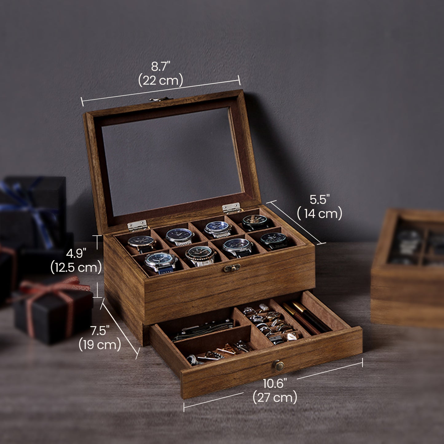 2-Tier Wood Watch Box with Large Glass Lid, 8-Slot & Drawer Storage, Removable Pillows, Velvet Lined, Rustic Walnut