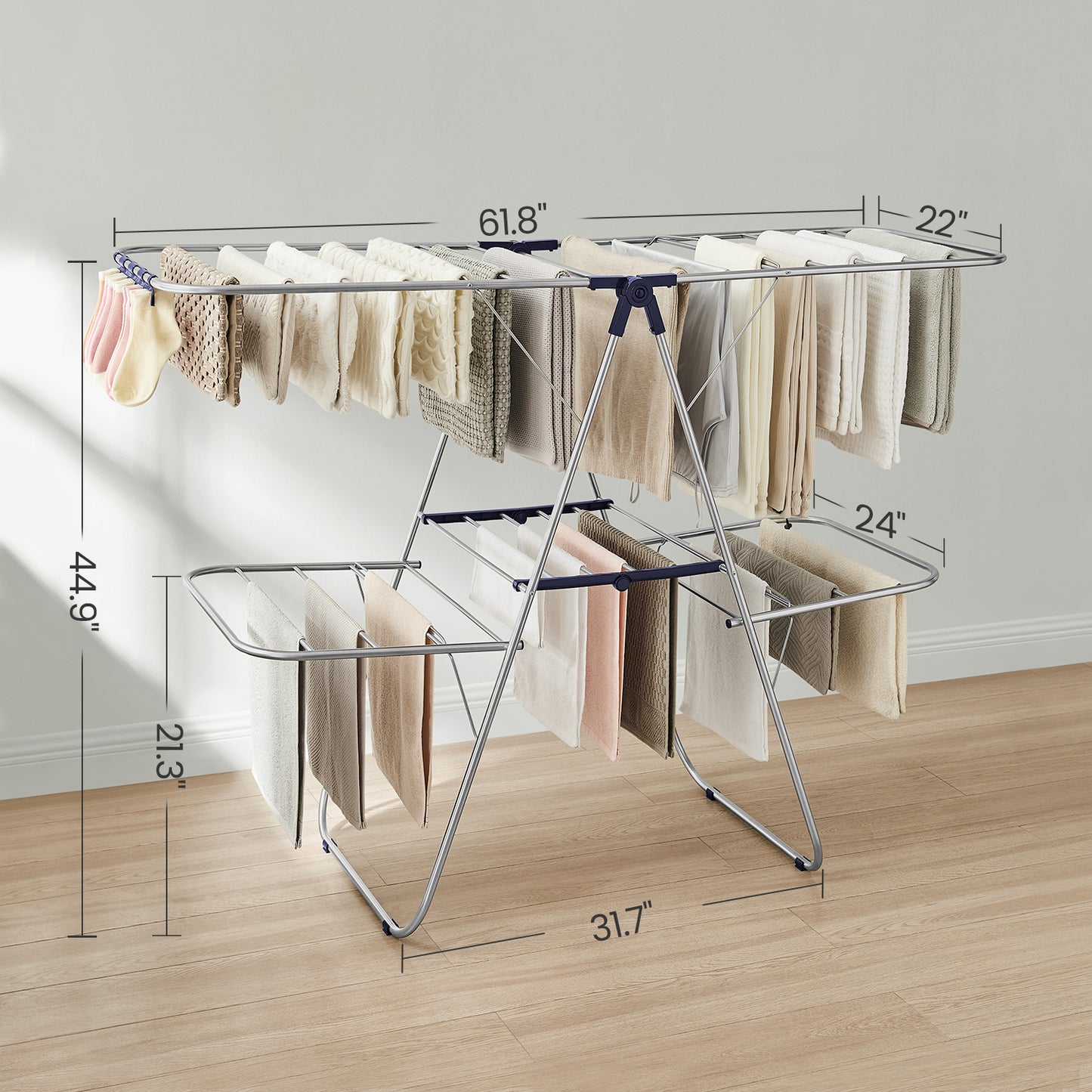 Foldable 2-Tier Clothes Drying Rack, Free-Standing Laundry Airer with 4 Adjustable Wings, 33 Rails & 27 Sock Clips, Space-Saving Design for Blankets,Towels,Clothes, Silver & Blue