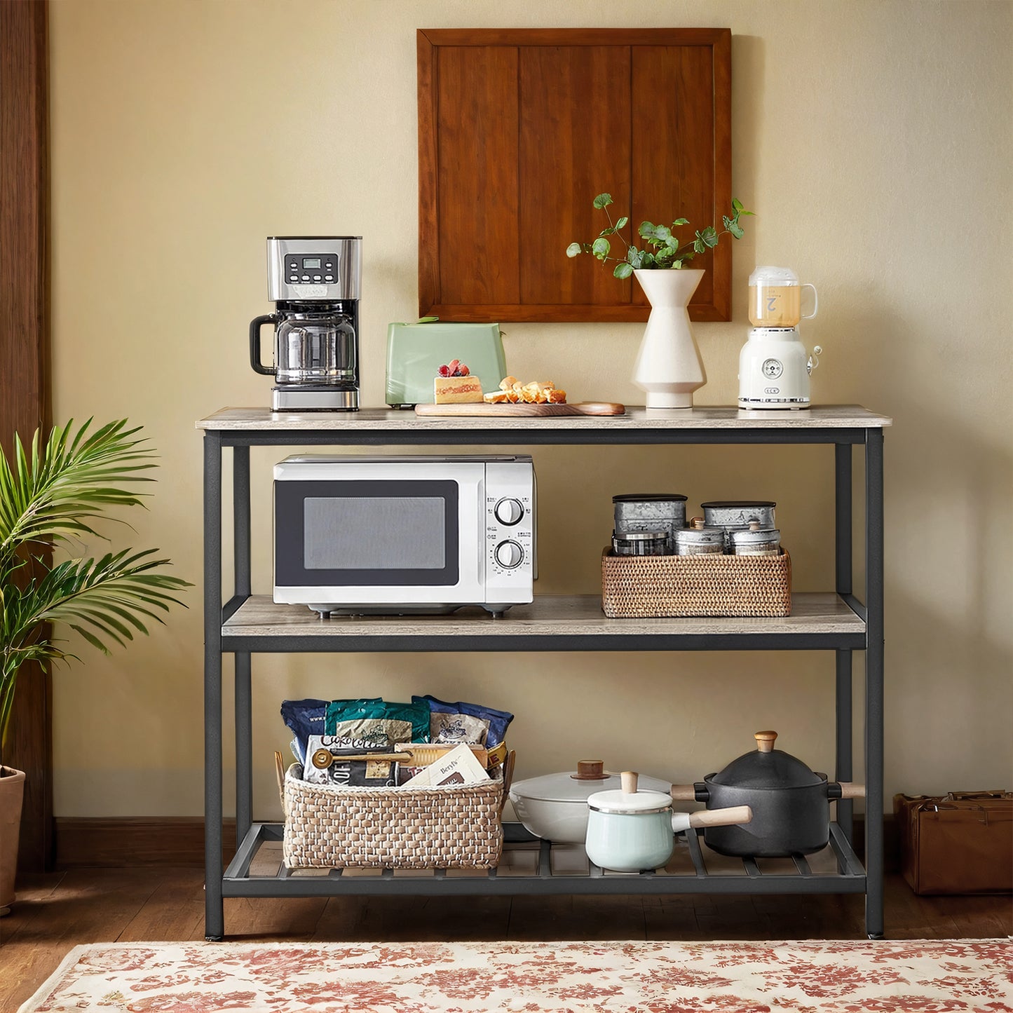Kitchen Island with 3 Shelves, Large Worktop and Industrial Steel Frame, Multi-Purpose Kitchen Cart and Bar Table, Easy Assembly, Greige and Black