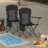 Premium Foldable Camping Chairs Set of 2 - High Back Support, Adjustable Armrests, Drink Holder & Organizer, 330lb Capacity, Ink Black
