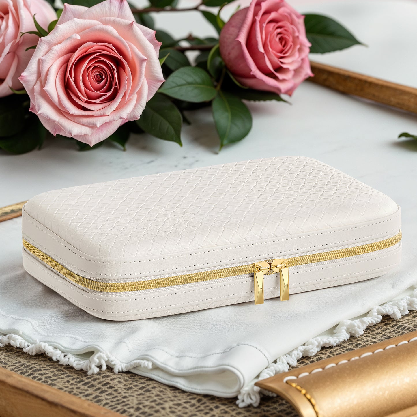 Luxury Hard Shell Jewelry Case with 6 Binder Pages & Mirror, Woven PU Leather Travel Organizer with Velvet Pouch, Cloud White