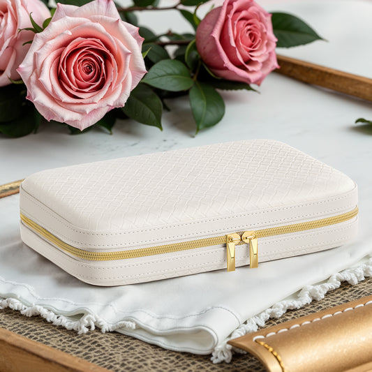 Luxury Hard Shell Jewelry Case with 6 Binder Pages & Mirror, Woven PU Leather Travel Organizer with Velvet Pouch, Cloud White
