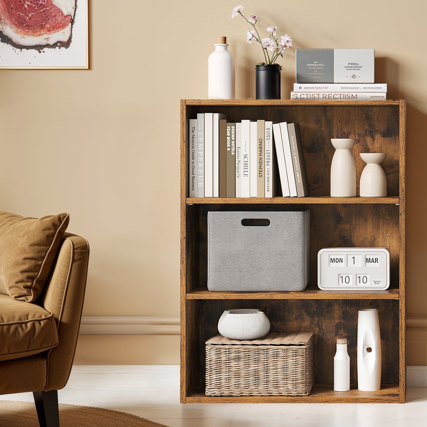 3-Tier Adjustable Bookcase, Open Shelf Organizer, 32" Storage Unit for Home, Office, 22lb Capacity per Shelf, Rustic Brown