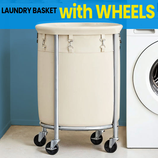 29-Gal Rolling Laundry Hamper with Wheels, Steel Frame & Removable Bag, 4 Casters (2 Brakes), Cream and Silver