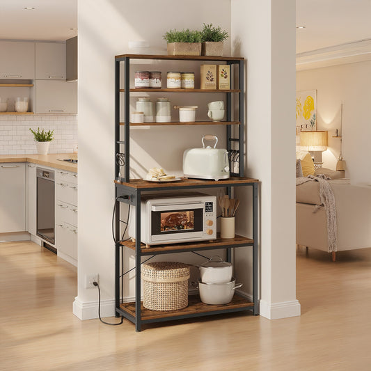31.5" Bakers Rack with Power Outlet, 6-Tier Kitchen Shelves with Adjustable Shelf & Hooks, Microwave Stand, Rustic Brown and Black