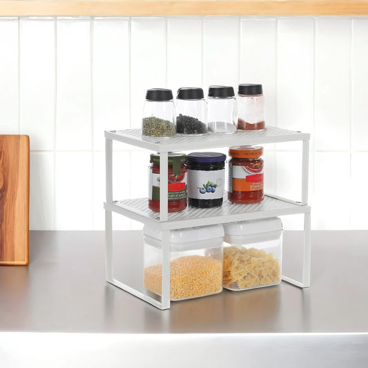 Metal Cabinet Shelf Organizers, Set of 2 Stackable & Expandable Shelf Risers, Heavy-Duty Countertop Storage for Kitchen, Cupboard, White
