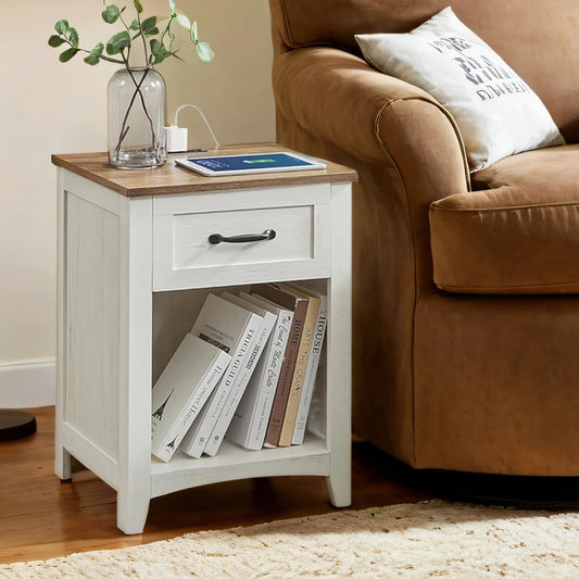 Farmhouse Nightstand Set of 2 - Rustic White Bedside Tables with Charging Station, Drawer & Open Shelf, Rustic White and Honey Brown