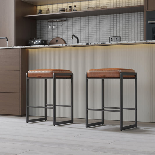 EKHO Collection - Set of 2 Mid-Century Modern Counter Stools, 26" Height, Synthetic Leather Seat, Adjustable Feet, for Kitchen，Bar，Dining, Caramel Brown
