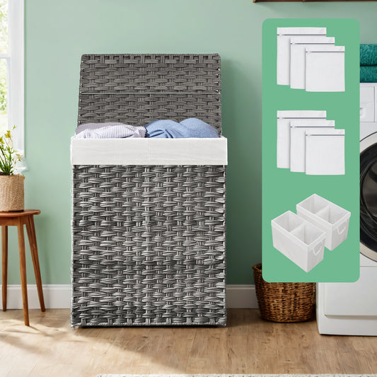 Double Compartment Laundry Hamper with Lid - 90L Capacity, 2 Removable Washable Liners, 6 Mesh Bags, Steel Frame & Wicker,  Design for Bathroom Storage, Gray