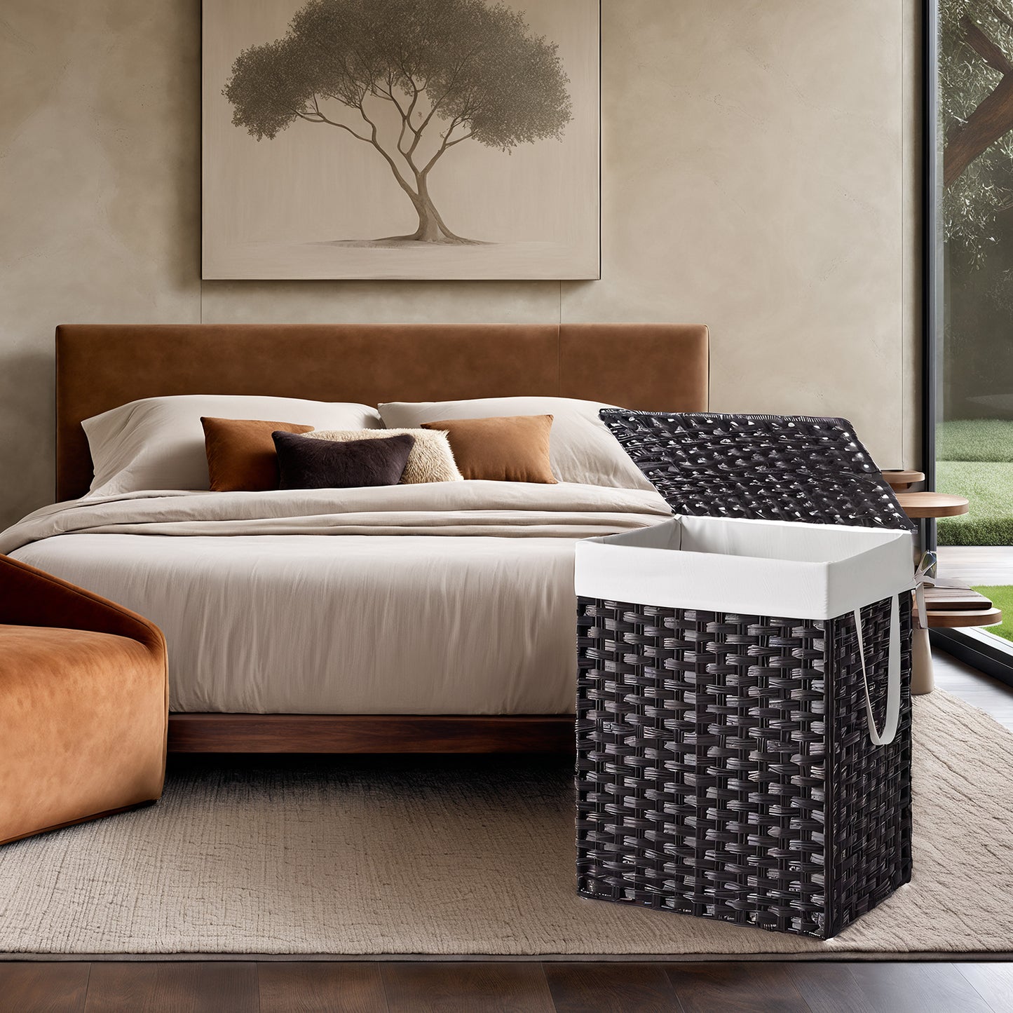 Foldable Laundry Hamper with Removable Liner & Lid – 23.8 Gallon (90L) Synthetic Rattan Basket, Handles, Space-Saving for Bedroom，Bathroom, Black