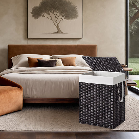 Foldable Laundry Hamper with Removable Liner & Lid – 23.8 Gallon (90L) Synthetic Rattan Basket, Handles, Space-Saving for Bedroom，Bathroom, Black