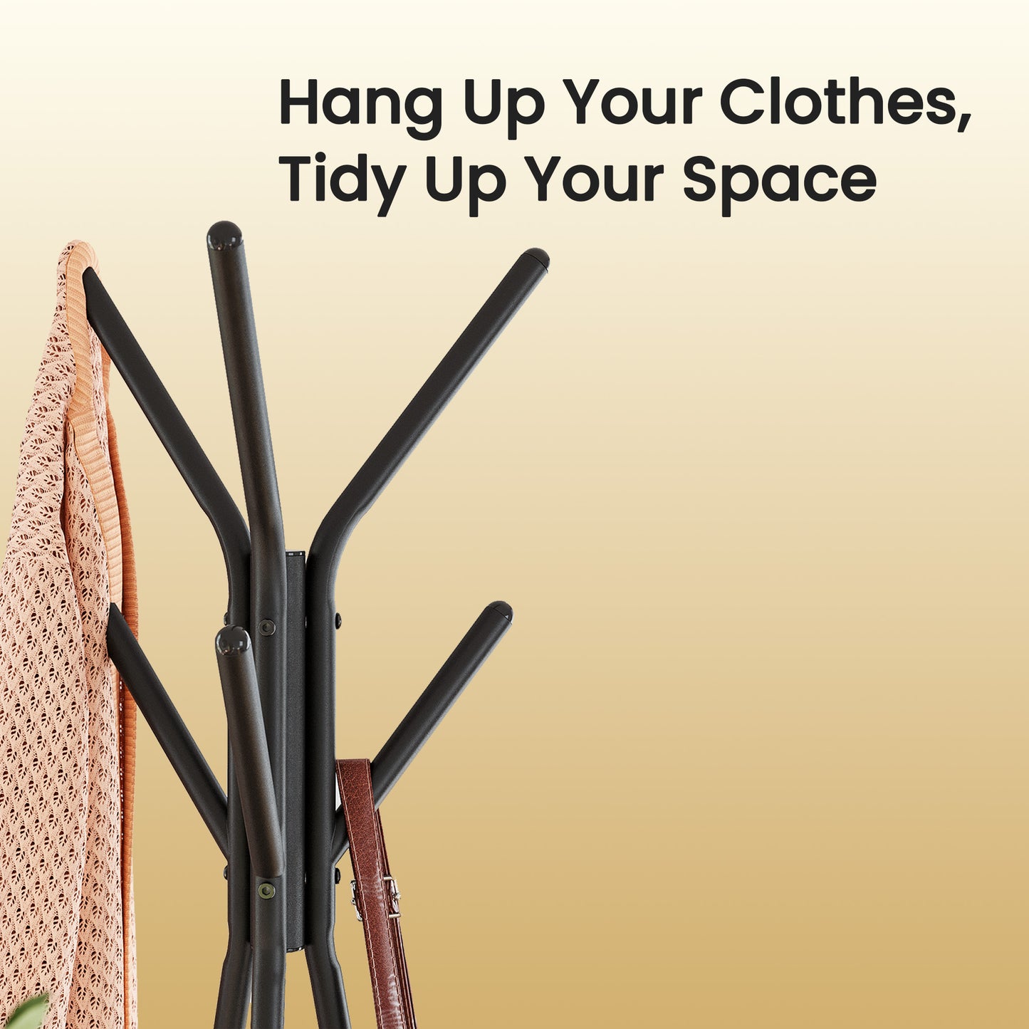 Freestanding Coat Rack with 6 Hooks & 2 Triangular Shelves, Industrial Hall Tree for Clothes, Hats, Bags – Hazelnut Brown & Black