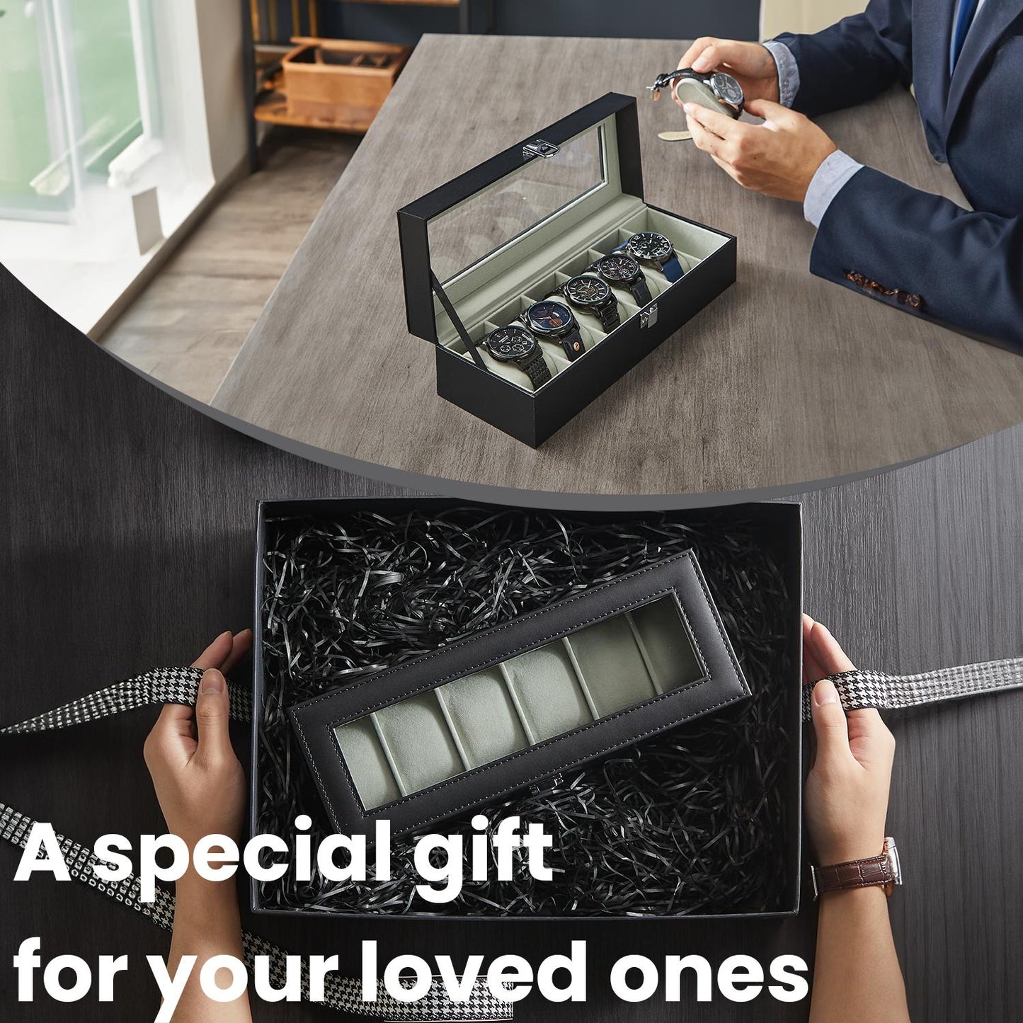 6-Slot Premium Watch Box with Glass Lid, PU Leather Case with Removable Pillows & Velvet Lining, Watch Organizer, Black Synthetic Leather, Gray Lining