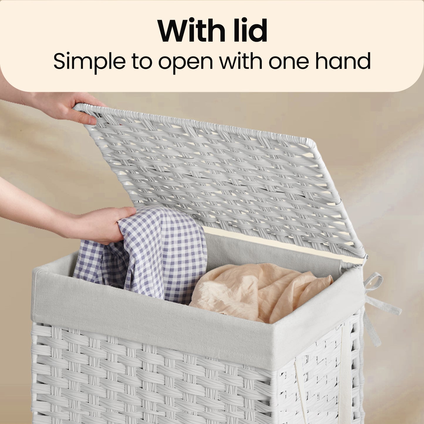 Foldable Laundry Hamper with Removable Liner & Lid – 23.8 Gallon (90L) Synthetic Rattan Basket, Handles, Space-Saving for Bedroom，Bathroom, Machine-Washable, Cloud White