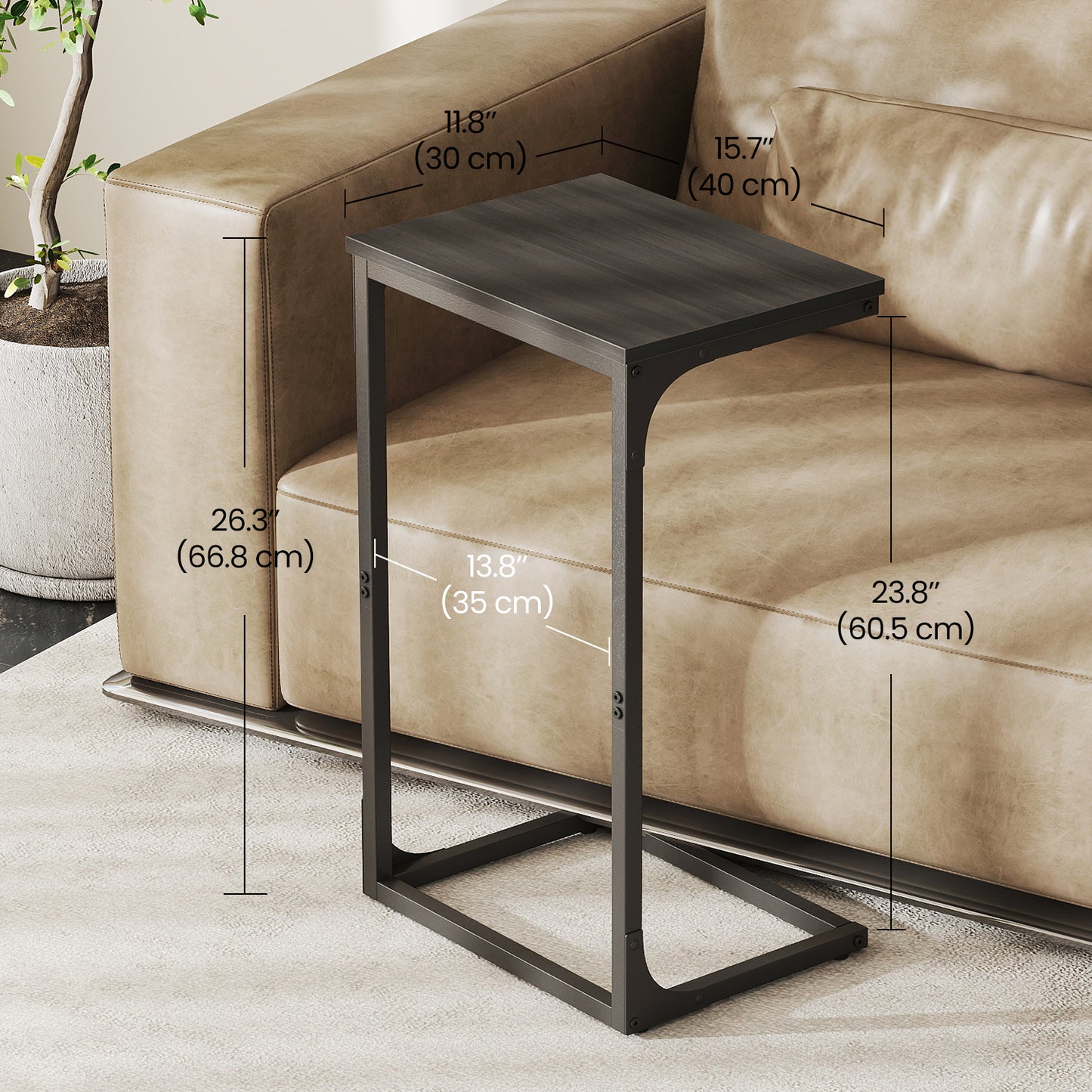 C-Shaped End Table - Sofa Side Table with Metal Frame, Space-Saving Design, 26.3" Height, Ebonized Oak and Black