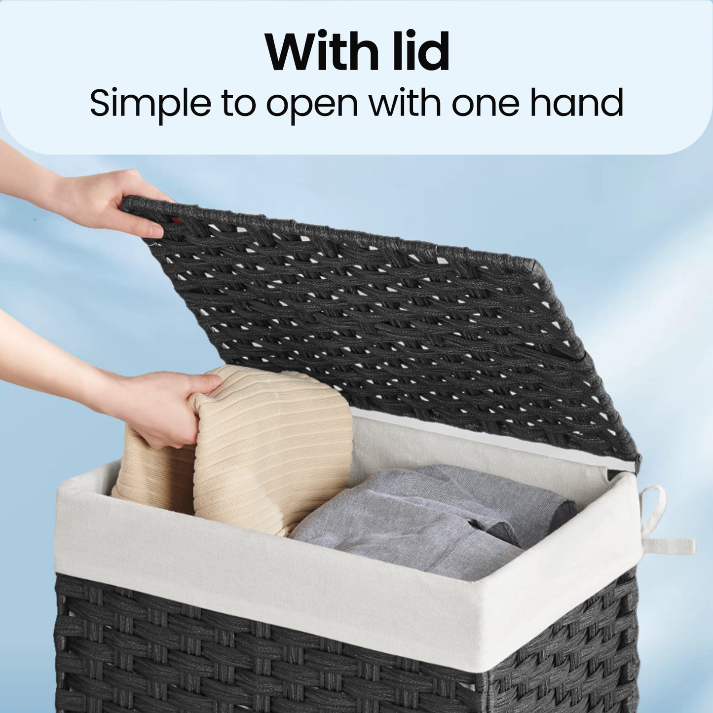Foldable Laundry Hamper with Removable Liner & Lid – 23.8 Gallon (90L) Synthetic Rattan Basket, Handles, Space-Saving for Bedroom，Bathroom, Black