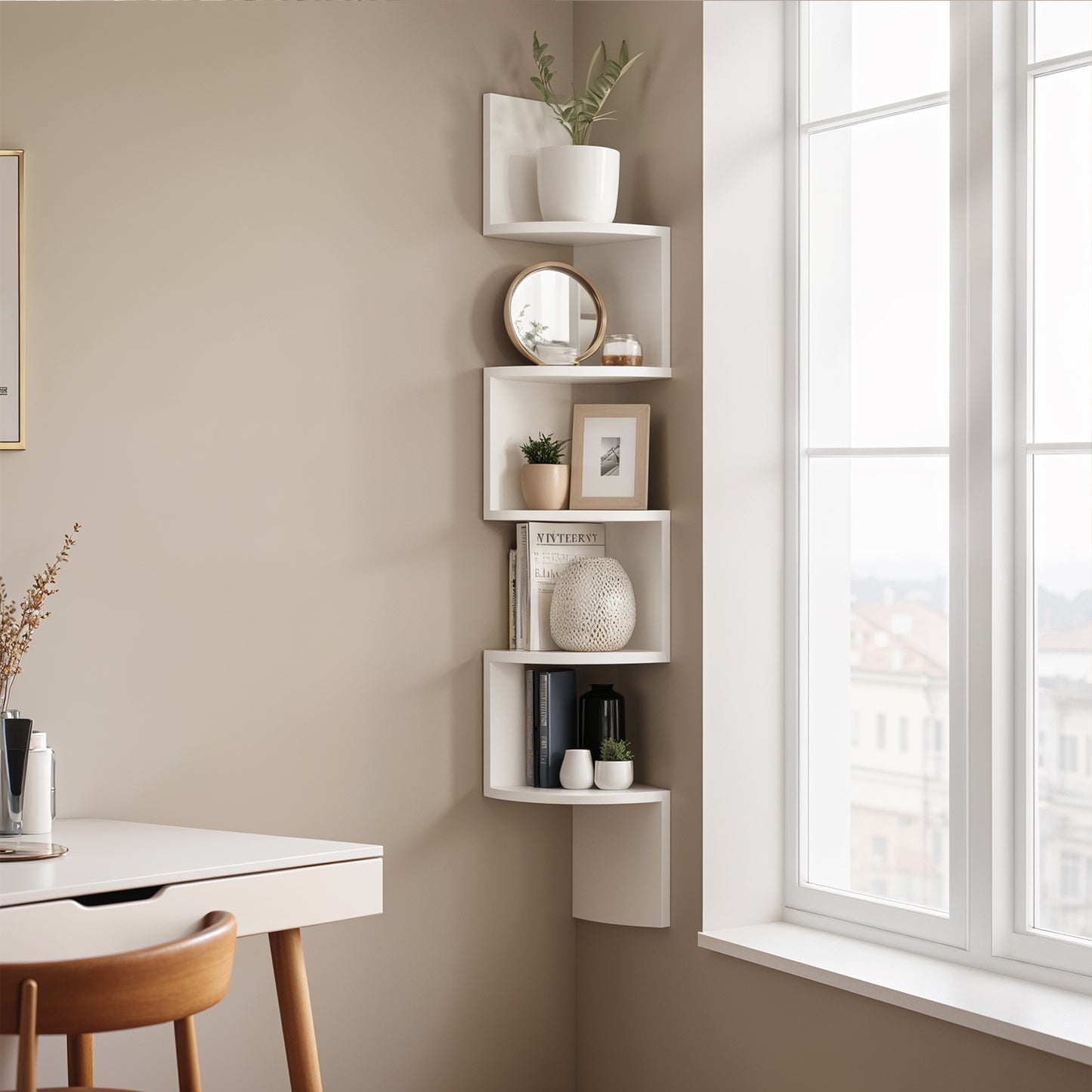 Floating Corner Shelf - 5-Tier Wall Mount Bookshelf, Space-Saving Design, 13.2lb Capacity per Shelf, Cloud White