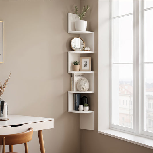 Floating Corner Shelf - 5-Tier Wall Mount Bookshelf, Space-Saving Design, 13.2lb Capacity per Shelf, Cloud White