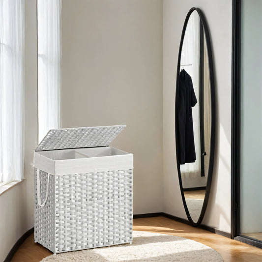 Double Laundry Hamper with Lid - 110L Capacity, 2 Removable Washable Liners & 6 Mesh Bags, Steel Frame & Breathable Rattan, 2-Section Sorting for Laundry Room, White