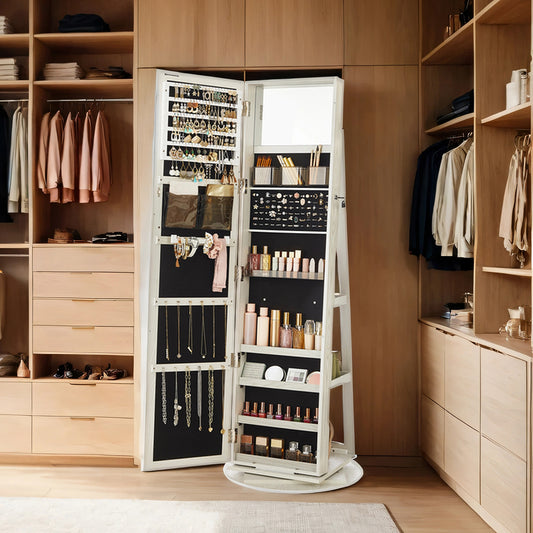 360° Swivel Lockable Jewelry Armoire with Full-Length Mirror, 120 Earring Slots, 12 Necklace Hooks, 78 Ring Slots, Rear Shelves & Interior Mirror，White