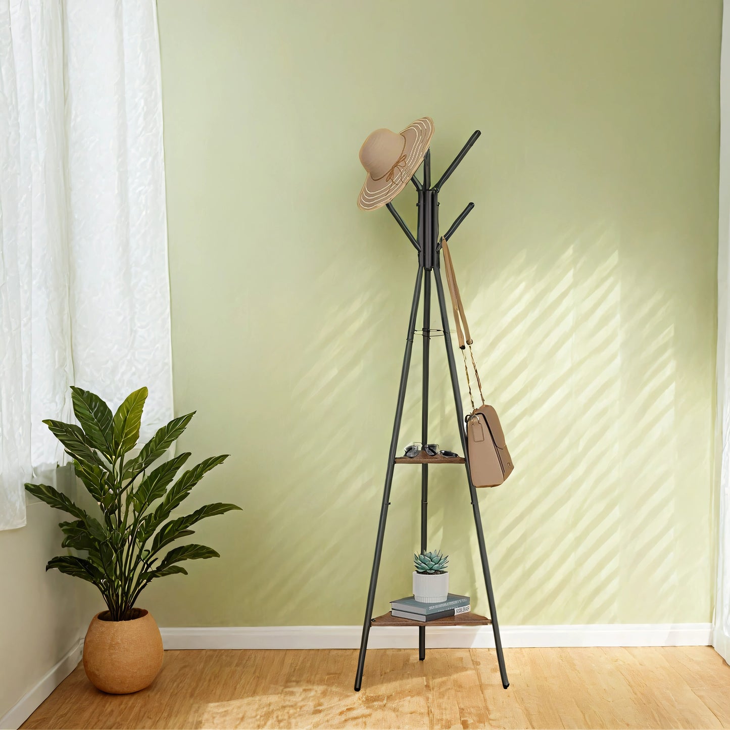 Freestanding Coat Rack with 6 Hooks & 2 Triangular Shelves, Industrial Hall Tree for Clothes, Hats, Bags – Hazelnut Brown & Black