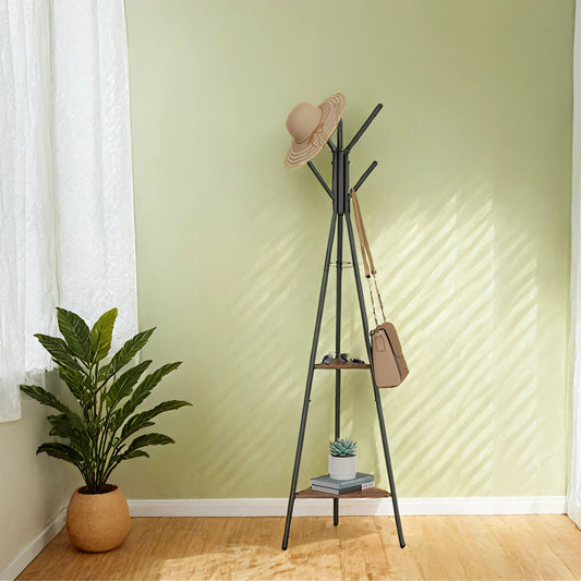 Freestanding Coat Rack with 6 Hooks & 2 Triangular Shelves, Industrial Hall Tree for Clothes, Hats, Bags – Hazelnut Brown & Black
