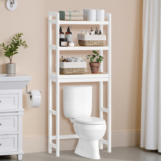 3-Tier Over-The-Toilet Shelf Organizer, Adjustable Bamboo Storage with Hooks & TP Holder, Space-Saving Design for Bathroom, Cloud White , Natural Beige