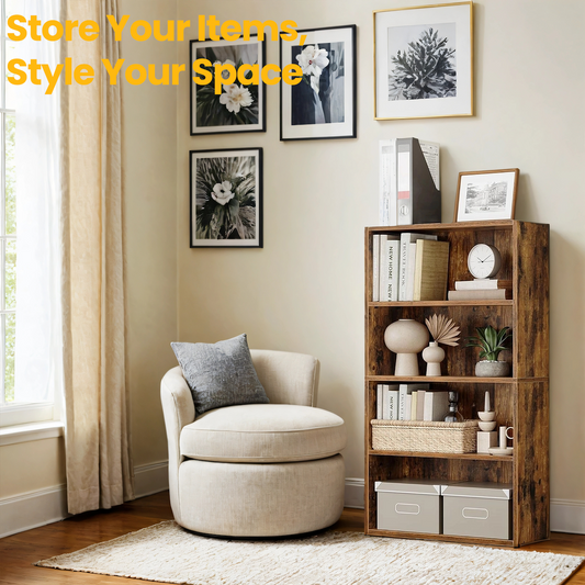 4-Tier Bookcase, Adjustable Open Shelf, 23.6" Wide Storage Unit for Books, Decor & Office, Rustic Brown