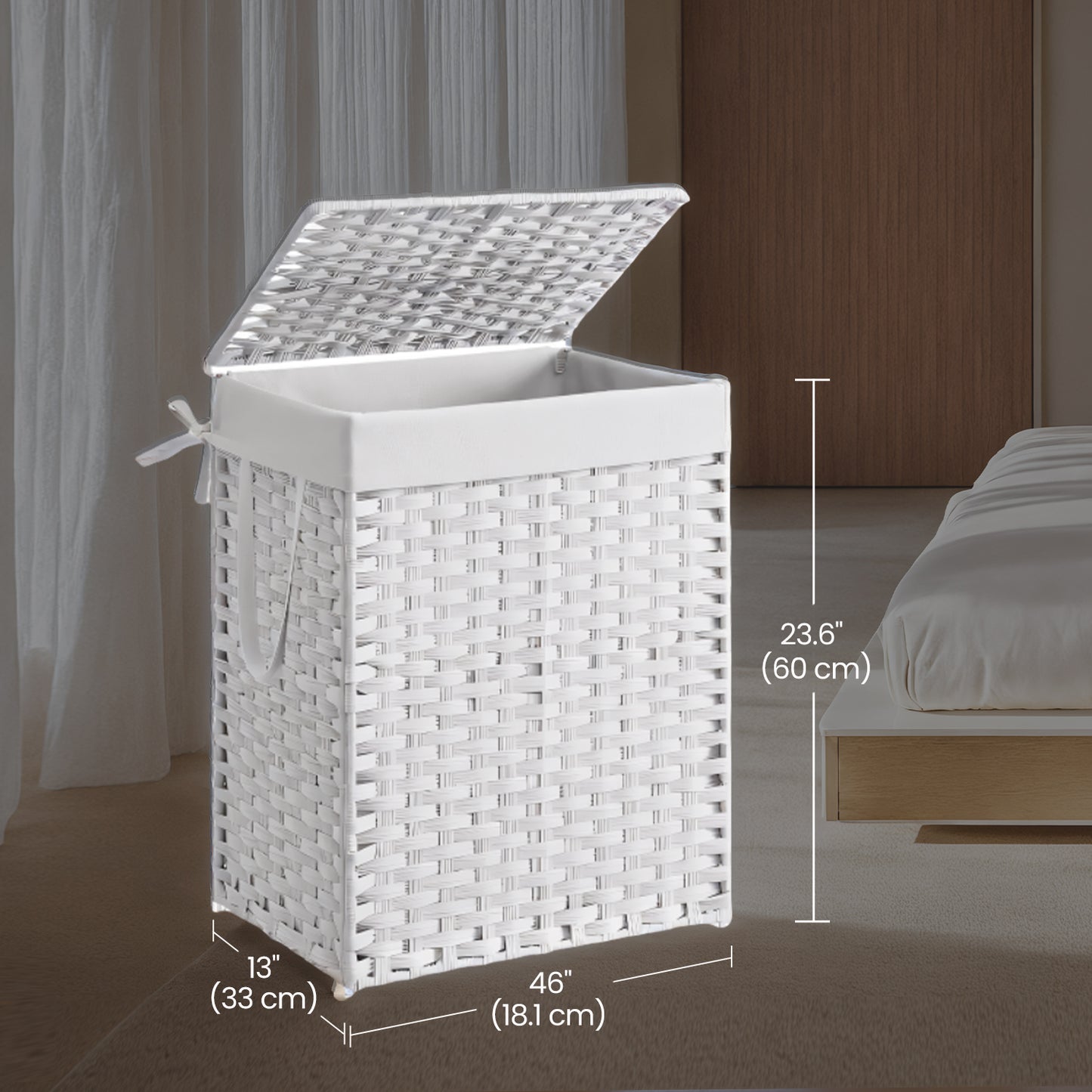 Foldable Laundry Hamper with Removable Liner & Lid – 23.8 Gallon (90L) Synthetic Rattan Basket, Handles, Space-Saving for Bedroom，Bathroom, Machine-Washable, Cloud White