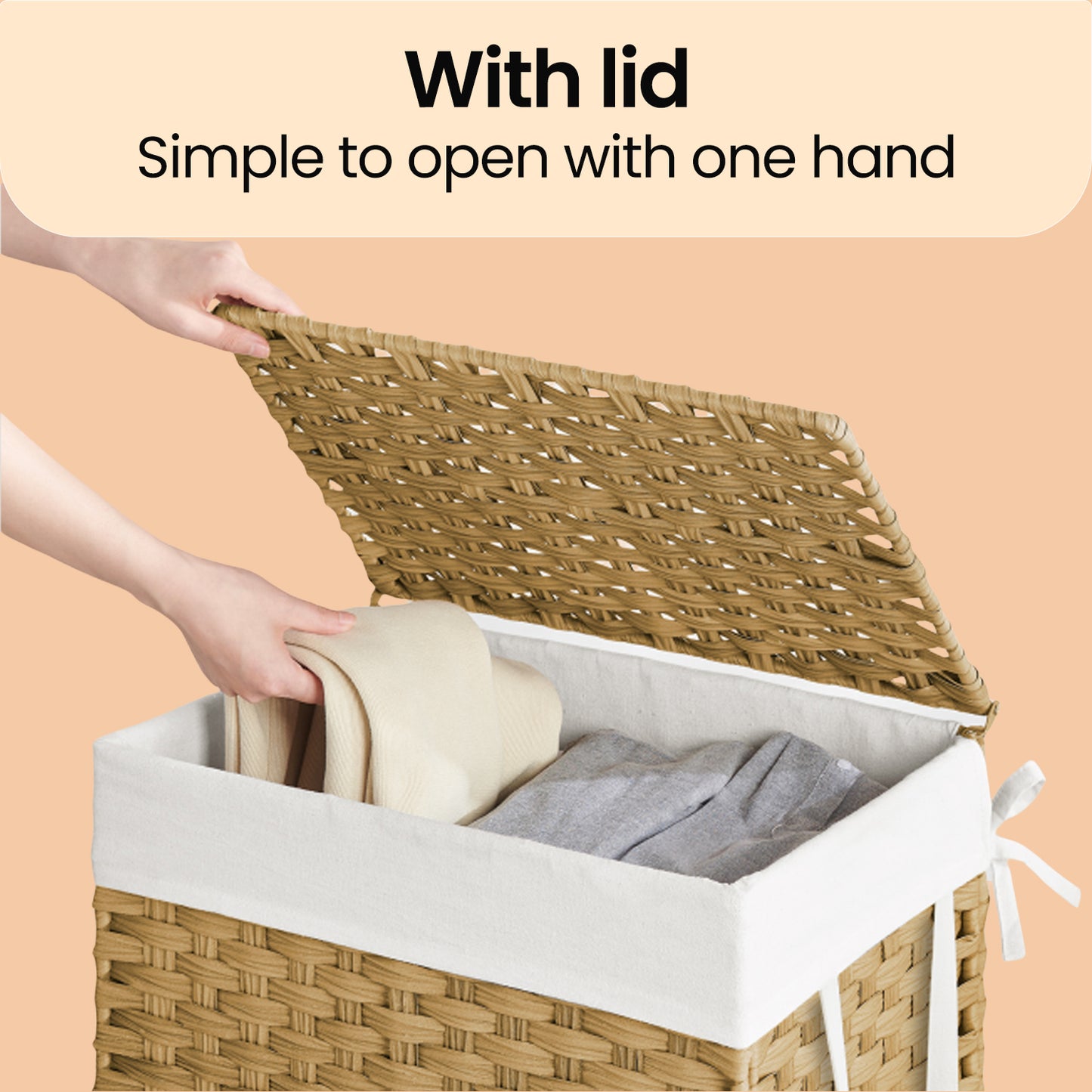 Foldable Laundry Hamper with Removable Liner & Lid – 23.8 Gallon (90L) Synthetic Rattan Basket, Handles for Easy Carry, Space-Saving Design, Fits Bathroom，Bedroom, Goose Yellow
