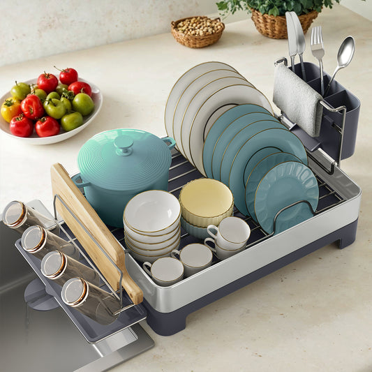 Extra Large Dish Drying Rack - Stainless Steel with 360° Drain Spout, Holds 9 Plates & Utensils, Fingerprint-Proof, Silver and Gray