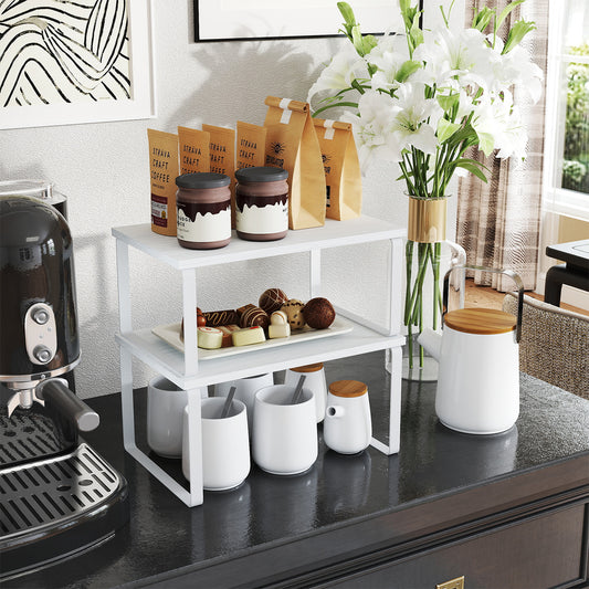Kitchen Cabinet Organizer Shelf Set, 2-Tier Stackable & Expandable Storage Rack, Countertop Spice Holder, for Pantry，Bathroom，Office, White