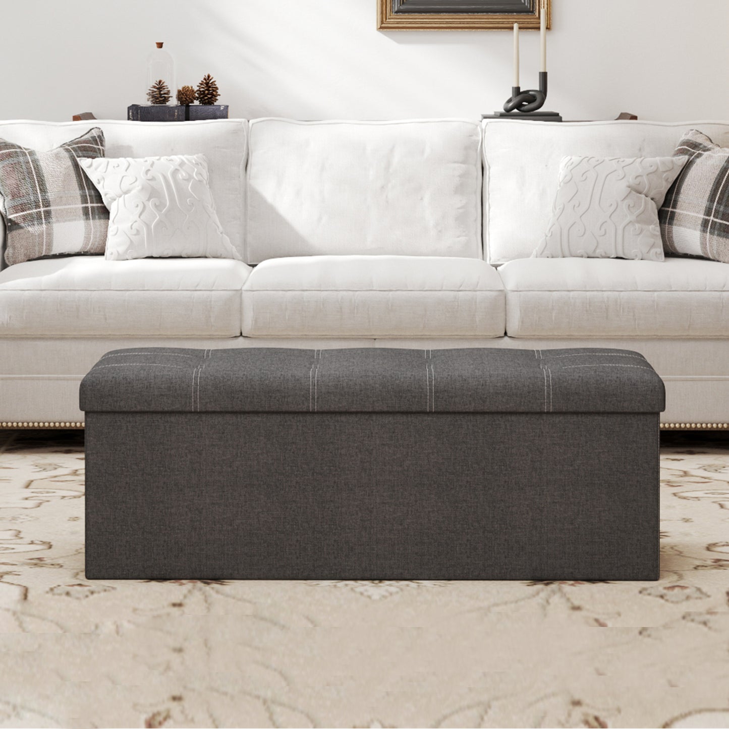 Collection Storage Ottoman Bench, 43" Extra Large 35 Gal Capacity, 660 lb Weight Capacity, Sturdy MDF Frame with Linen-Look Fabric, Multi-Functional for Living Room, Entryway, Bedroom, Dark Gray