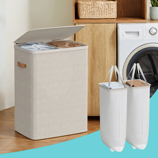 2-Compartment Laundry Hamper with Removable Inner Bags, 44.9 Gal Capacity, Foldable & Easy Assembly, Dust-Proof Lid, Handles for Portability, Cappuccino Beige
