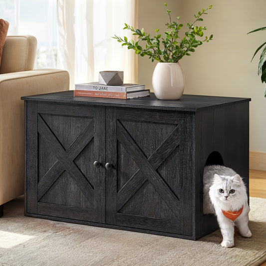 Cat Litter Box Furniture Enclosure, Hidden Washroom with Removable Divider & Barn Doors, Multi-Functional End Table for Indoor Cats, 31.5" x 20.9" x 19.7", Ink Black