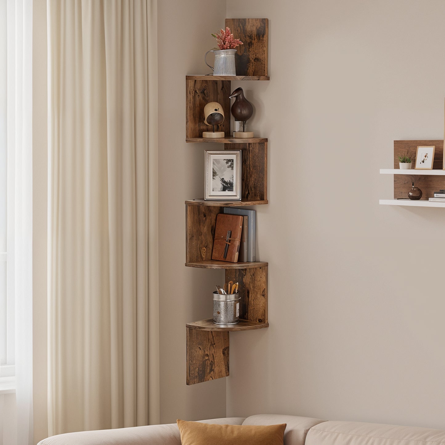 Floating Corner Shelf - 5-Tier Wall Mount Bookshelf, Space-Saving Design, 13.2lb Capacity per Shelf, Rustic Brown