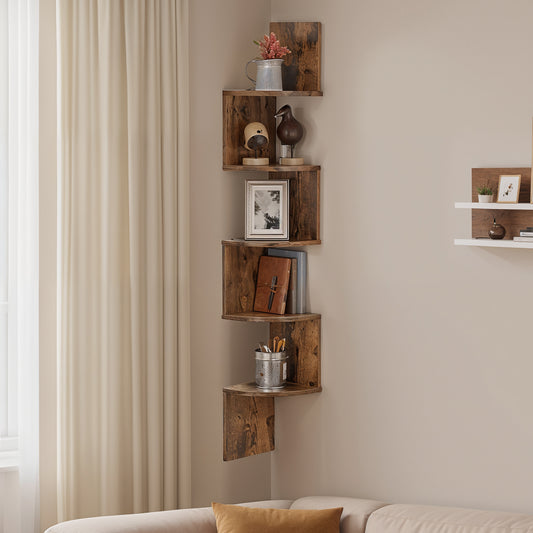 Floating Corner Shelf - 5-Tier Wall Mount Bookshelf, Space-Saving Design, 13.2lb Capacity per Shelf, Rustic Brown