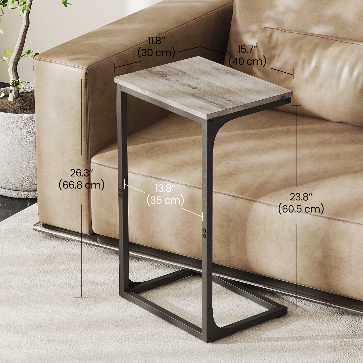 C-Shaped End Table - Sofa Side Table with Metal Frame, Space-Saving Design, 26.3" Height, Greige and Black