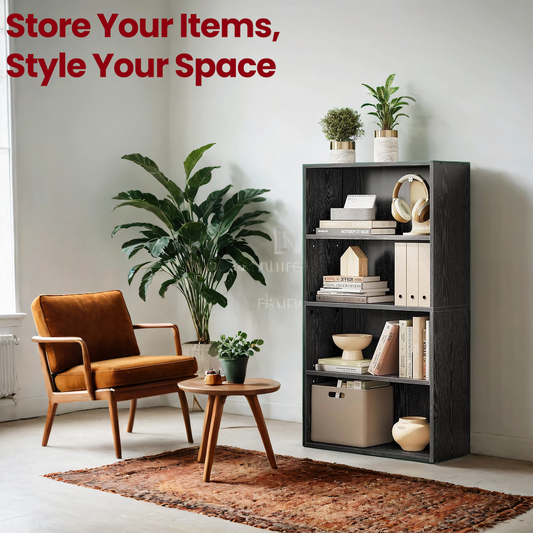 4-Tier Adjustable Bookcase, Open Shelf Organizer, 42.4" Tall Storage Unit for Home, Office, 22lb Capacity, Ebony Black