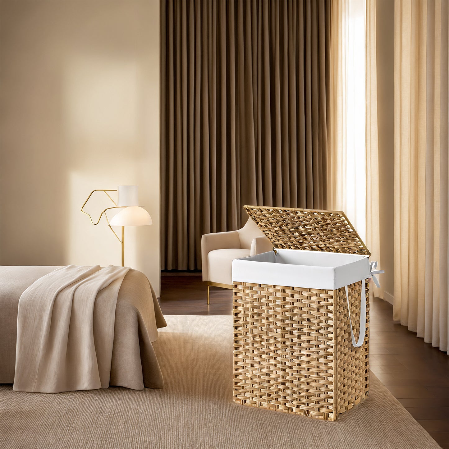 Foldable Laundry Hamper with Removable Liner & Lid – 23.8 Gallon (90L) Synthetic Rattan Basket, Handles for Easy Carry, Space-Saving Design, Fits Bathroom，Bedroom, Goose Yellow