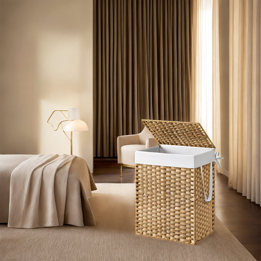 Foldable Laundry Hamper with Removable Liner & Lid – 23.8 Gallon (90L) Synthetic Rattan Basket, Handles for Easy Carry, Space-Saving Design, Fits Bathroom，Bedroom, Goose Yellow