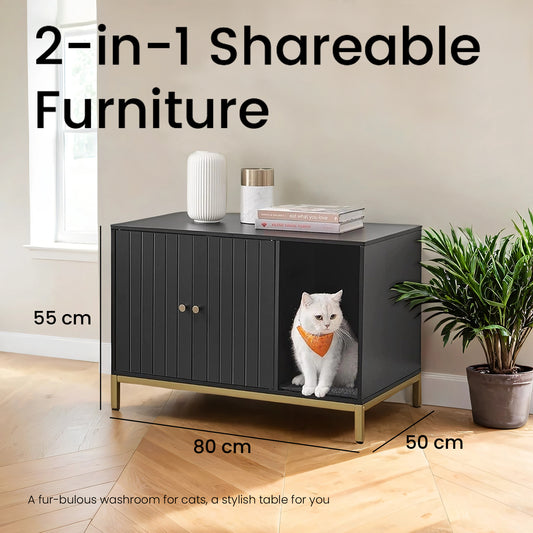 Modern Cat Litter Box Furniture - Hidden Enclosure with Scratching Mat, Dual Doors, Side Table Function, Black and Gold