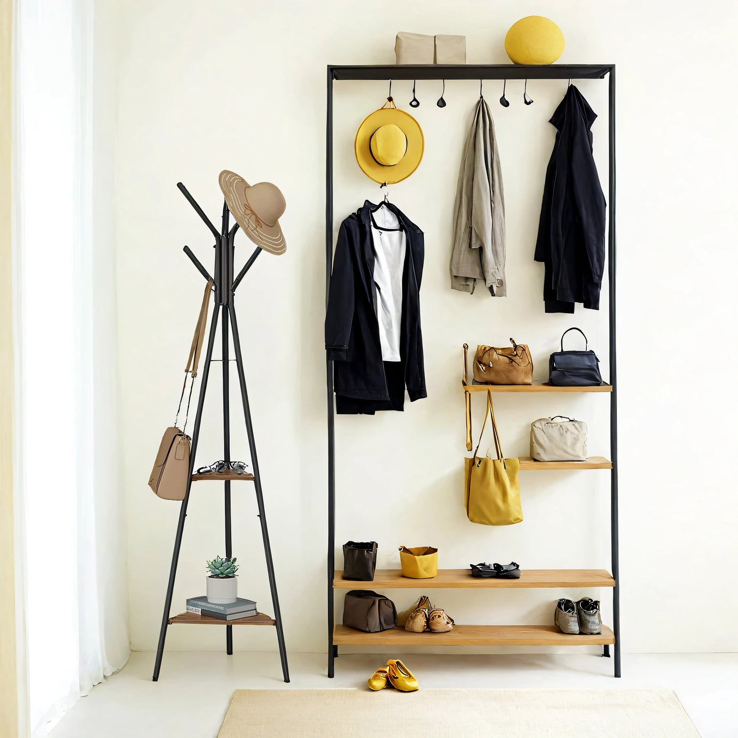 Freestanding Coat Rack with 6 Hooks & 2 Triangular Shelves, Industrial Hall Tree for Clothes, Hats, Bags – Hazelnut Brown & Black