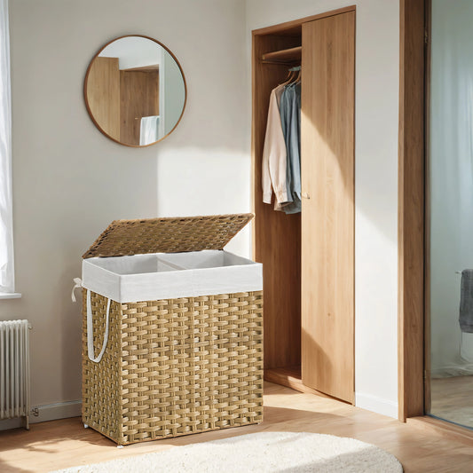 Double-Section Laundry Hamper with Lid & 6 Mesh Bags – 110L Capacity, Removable Washable Liners, Sturdy Steel Frame & Rattan for Bathroom，Home – Natural