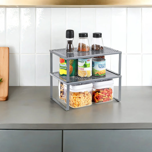 Spice Racks Set of 2 – Stackable & Expandable Metal Shelf Organizers, Heavy-Duty Cabinet & Countertop Storage, Space-Saving Shelf Risers, Silver